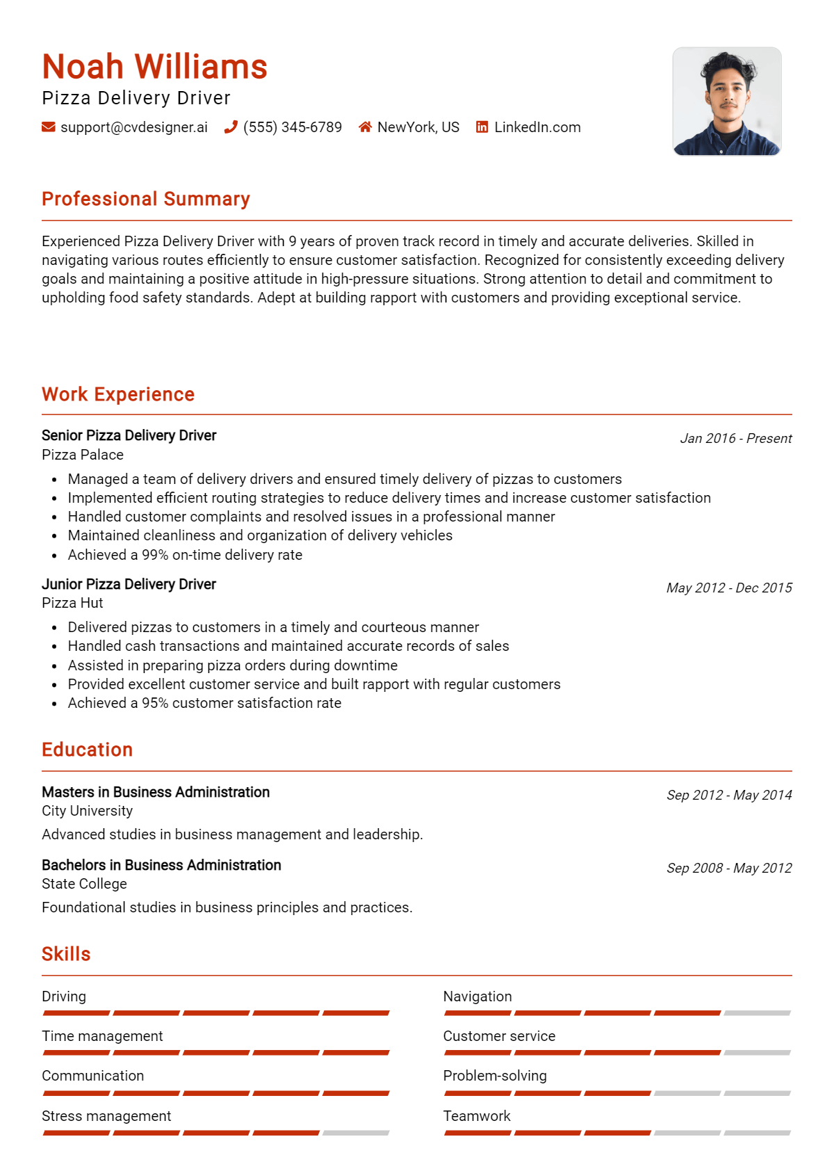 Pizza Delivery Driver Resume Example