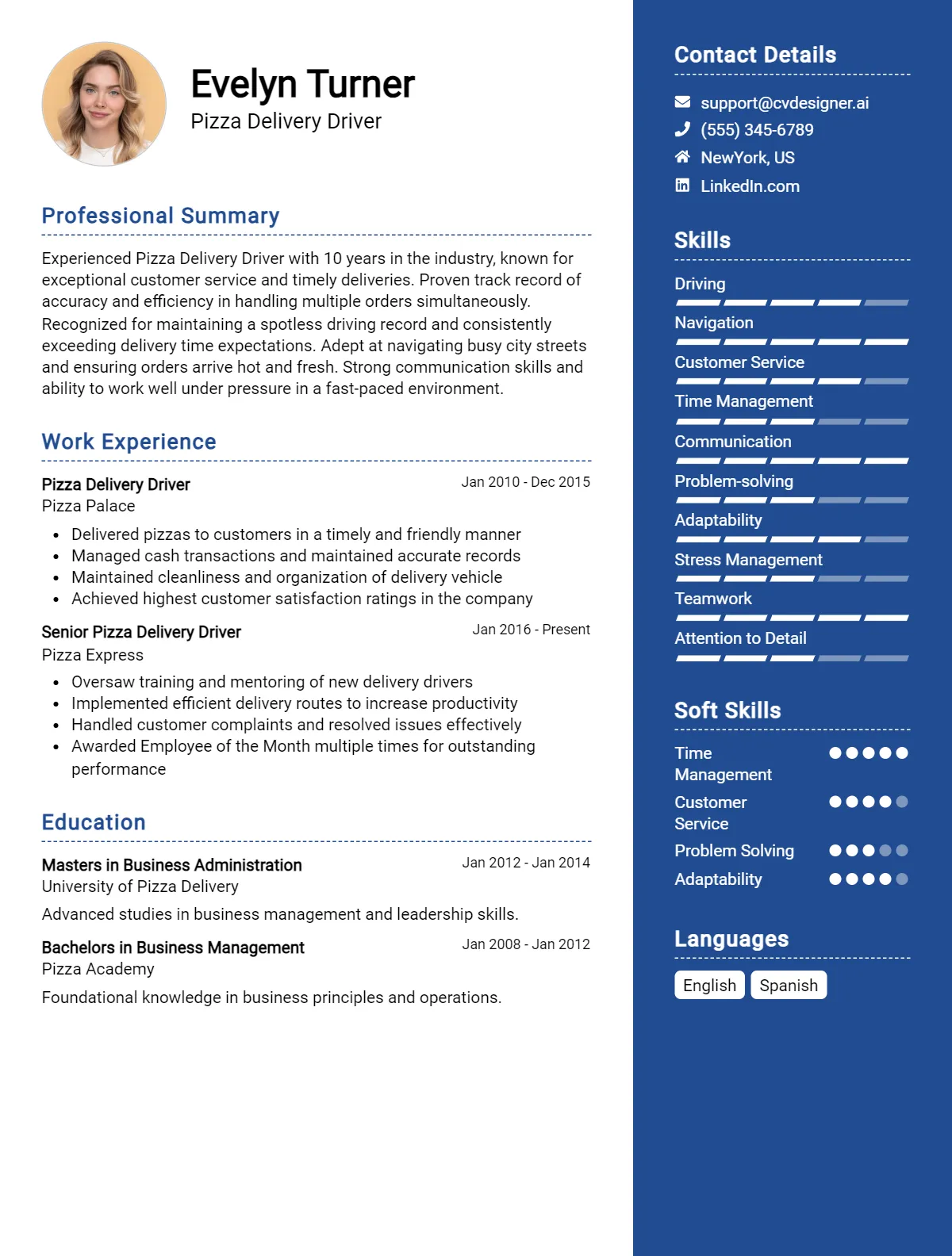 Pizza Delivery Driver CV Example