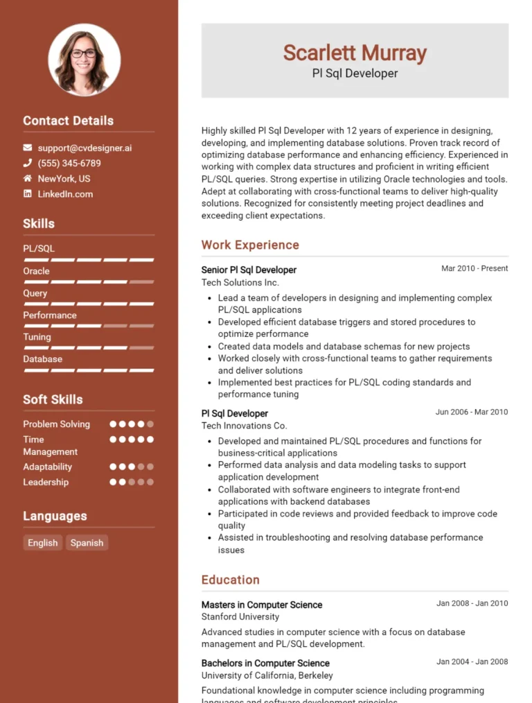 Pl SQL Developer CV Example For 2025: Ultimate Guide