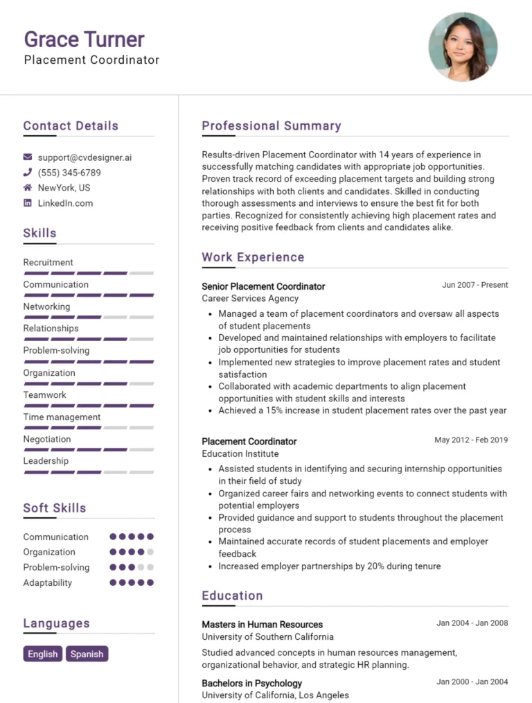 Placement Coordinator CV Example For 2025: Strategies & Templates
