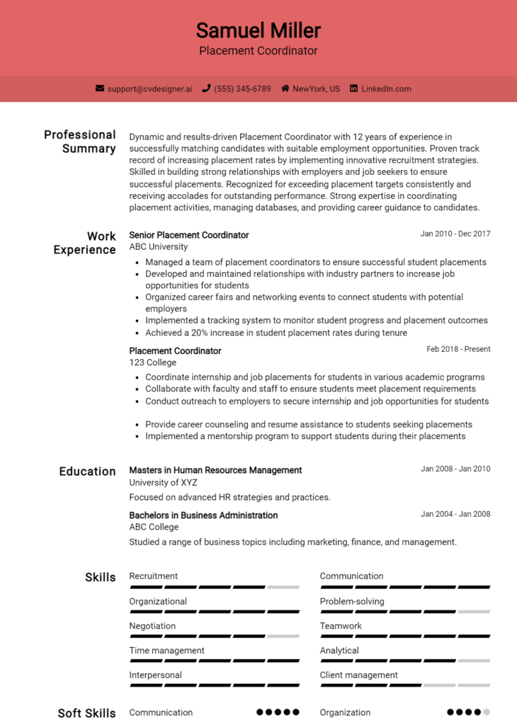Placement Coordinator Resume Example