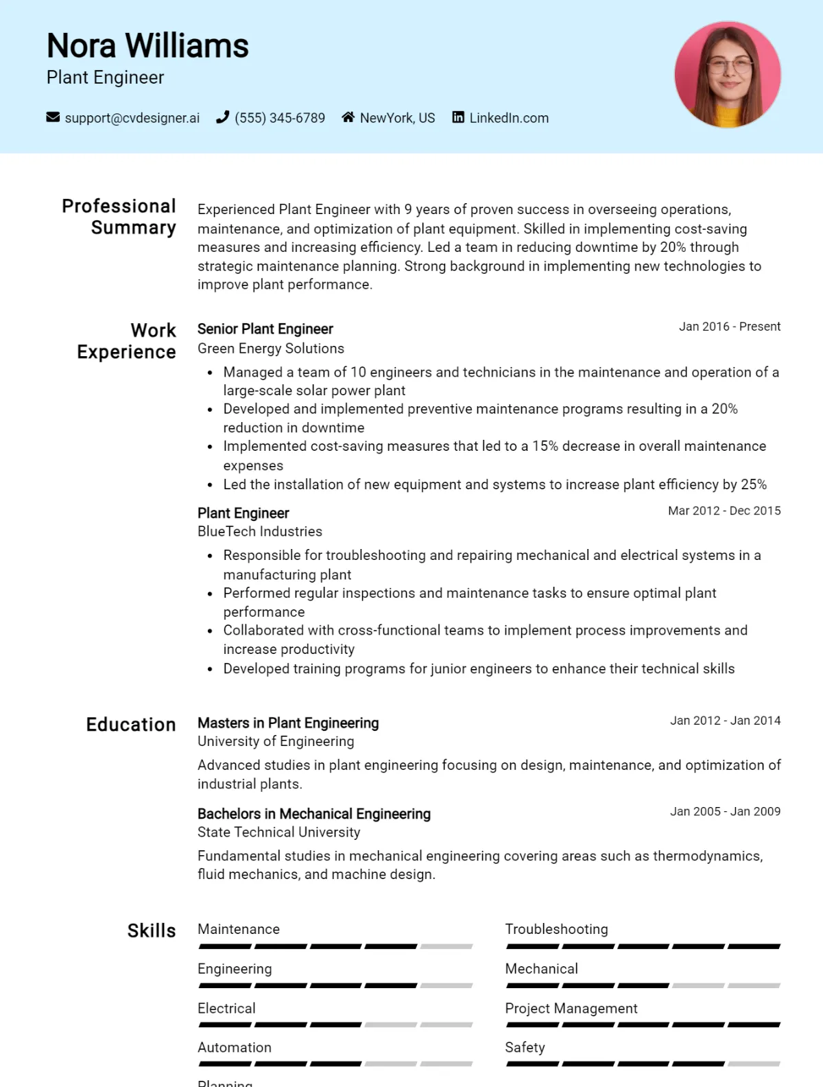 Plant Engineer CV Example
