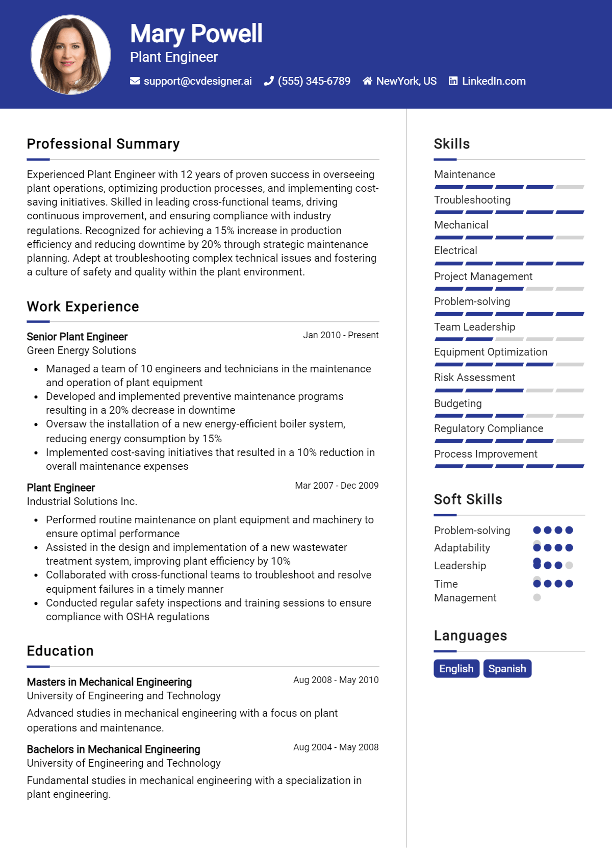 Plant Engineer Resume Example