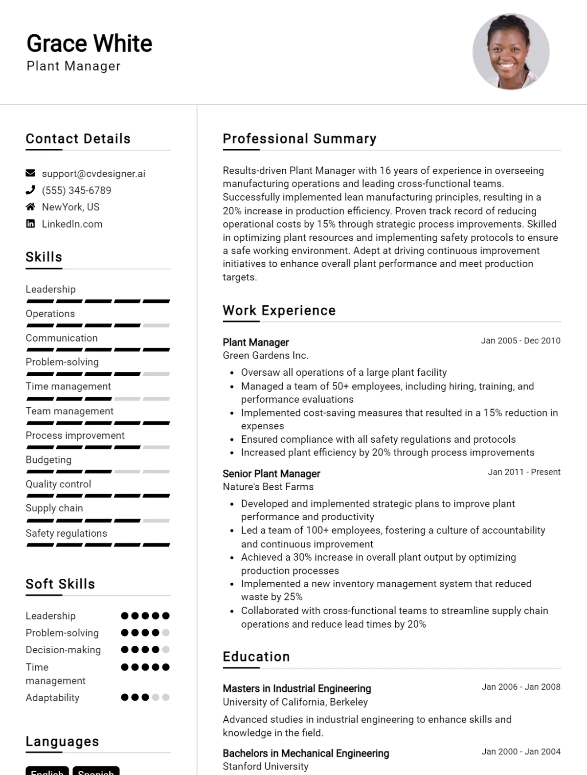 Plant Manager CV Example