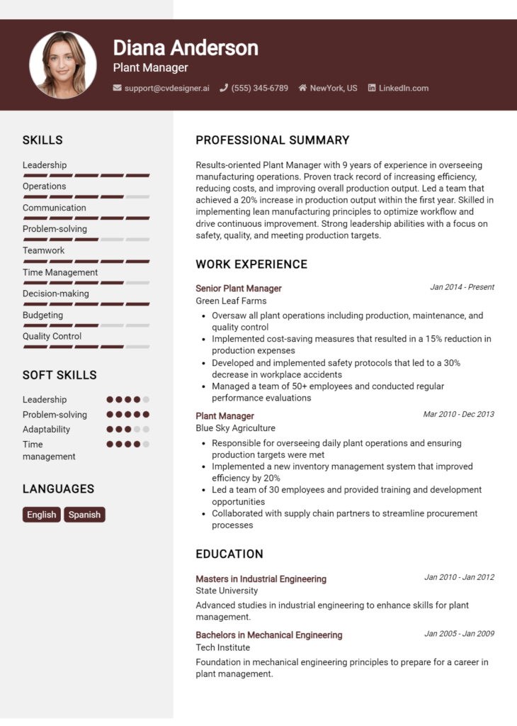 Plant Manager Resume Example for 2024: Tips & Templates - CVDesigner.ai