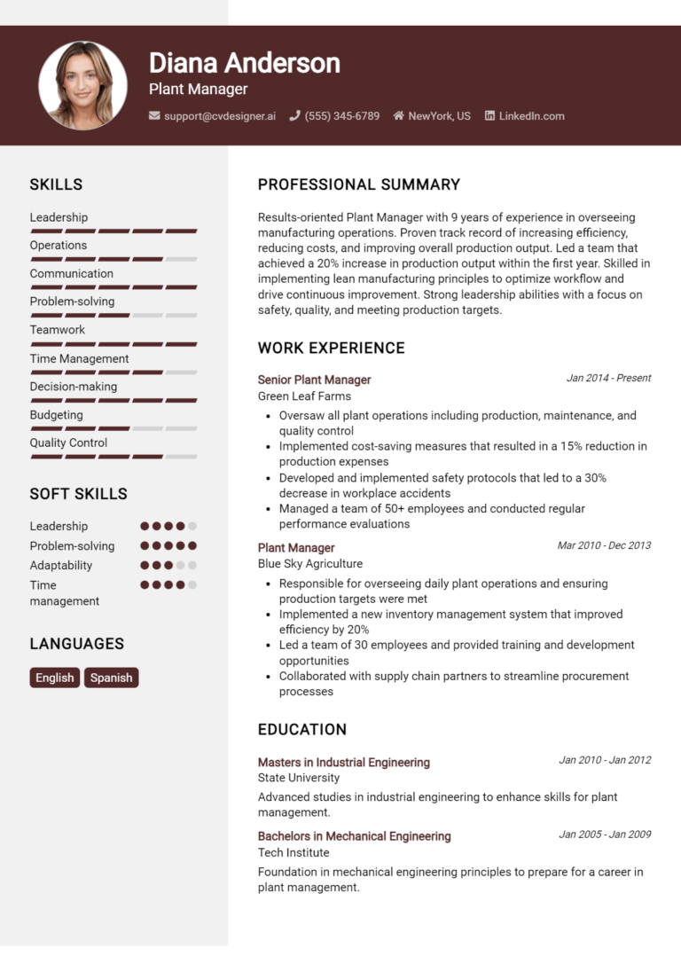 Plant Manager Resume Example for 2025: Tips & Templates