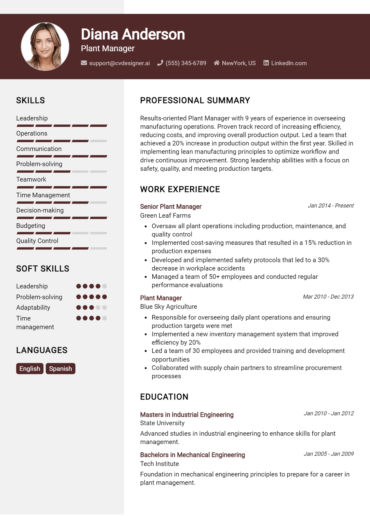 Plant Manager Resume Example