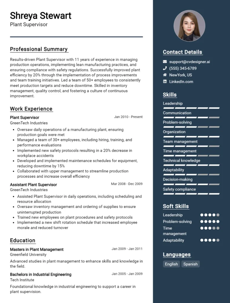 Plant Supervisor CV Example