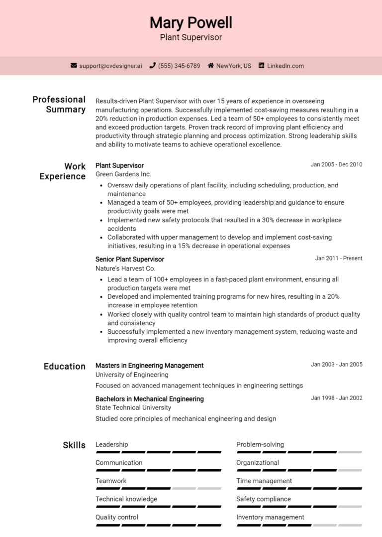 Plant Supervisor Resume Example for 2025: Best Writing Tips