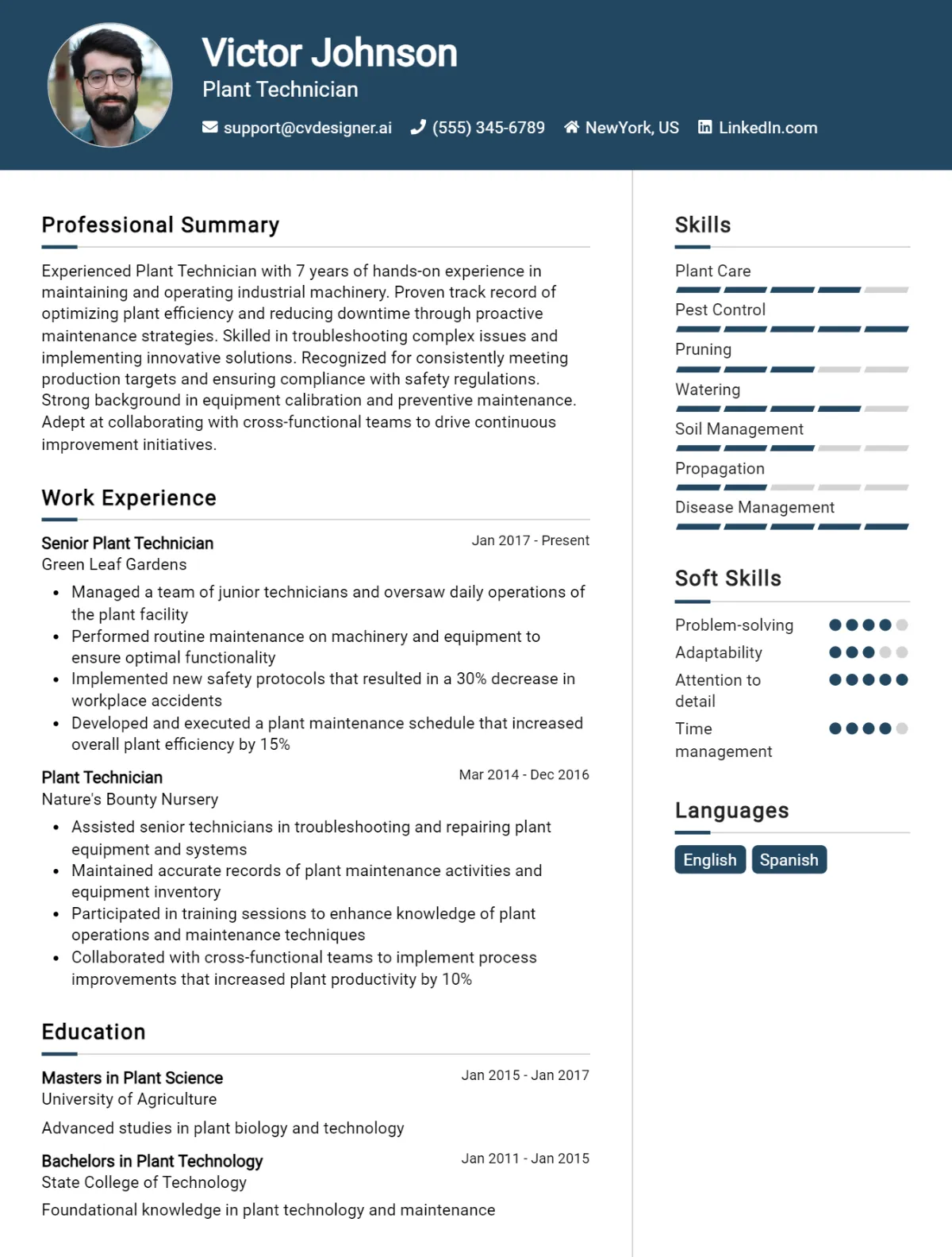 Plant Technician CV Example