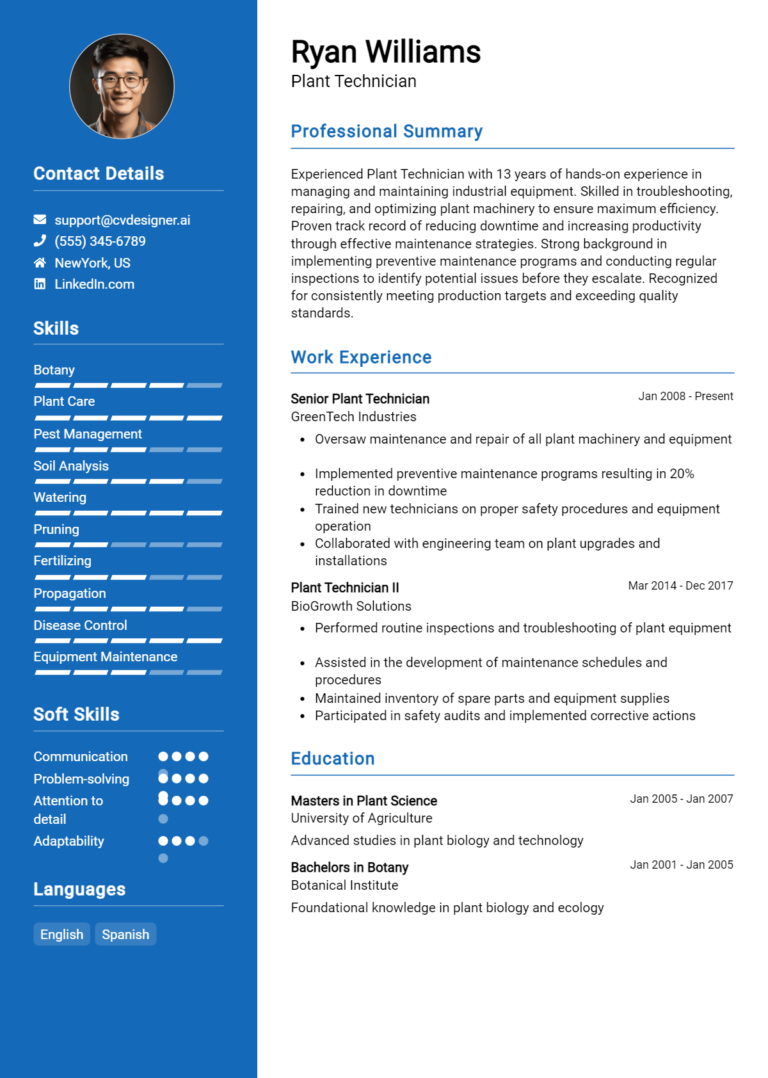Plant Technician Resume Example for 2025: Best Writing Guide
