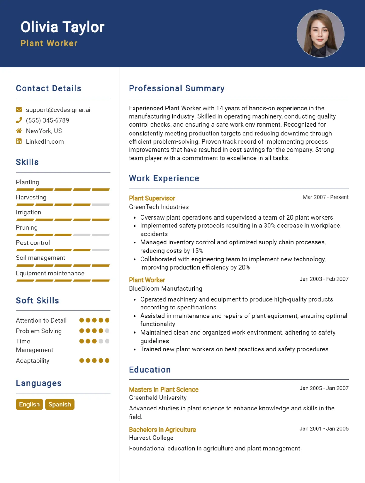 Plant Worker CV Example