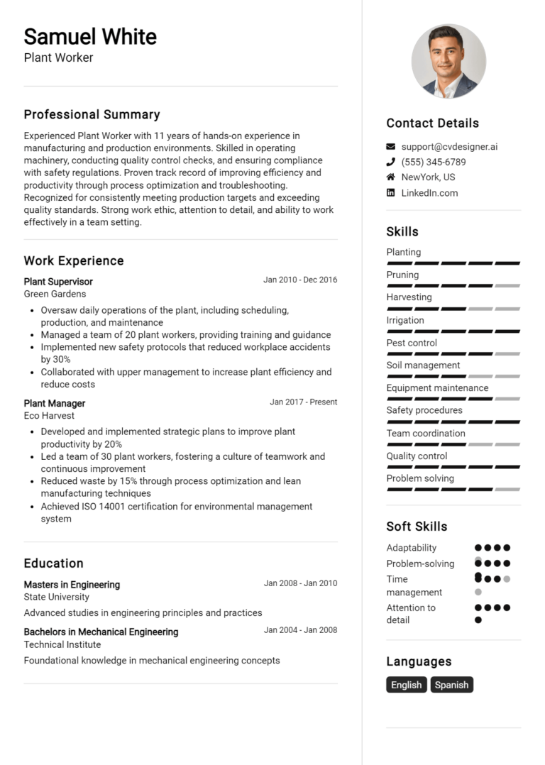 Plant Worker Resume Example for 2025: Strategies & Templates
