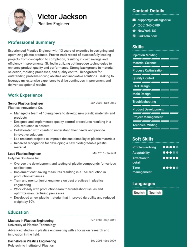 Plastics Engineer CV Example For 2025: Top CV Skills
