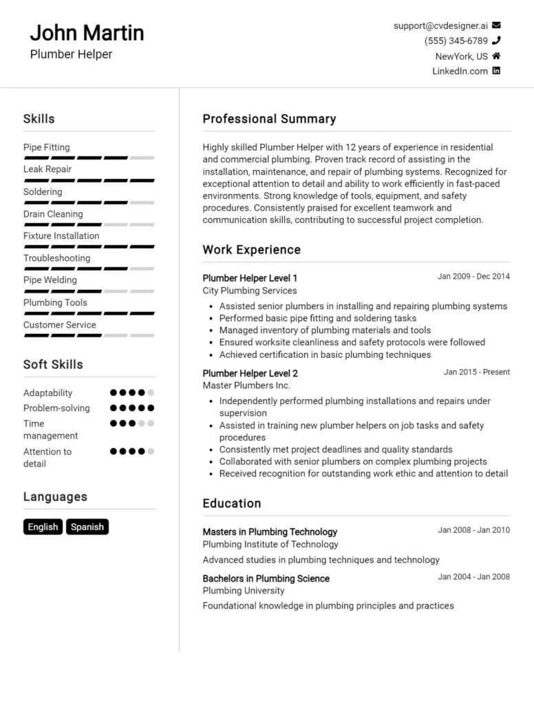 Plumber Helper CV Example