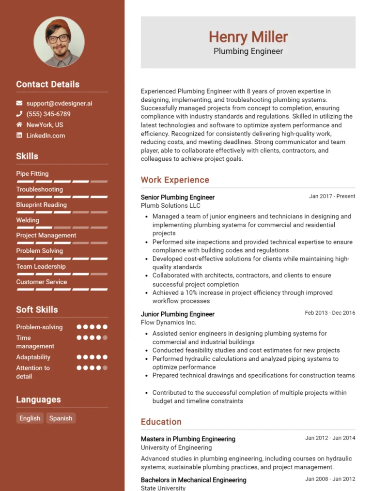 Plumbing Engineer CV Example For 2025: Top Tips & Samples