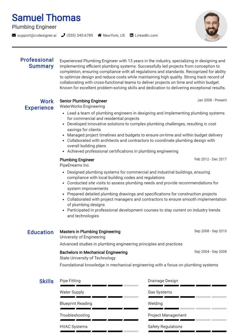 Plumbing Engineer Resume Example for 2025: Tips & Templates
