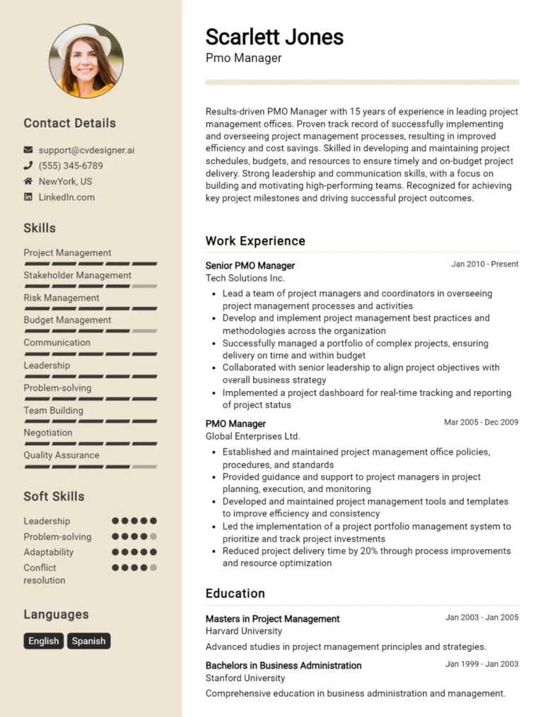 PMO Manager CV Example For 2025: Ultimate Guide