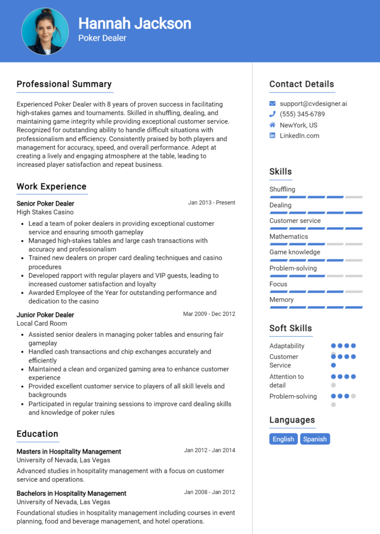Poker Dealer Resume Example for 2025: Tips to Stand Out