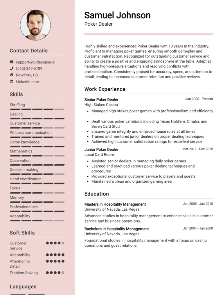 Poker Dealer CV Example For 2025: Effective CV Writing Tips
