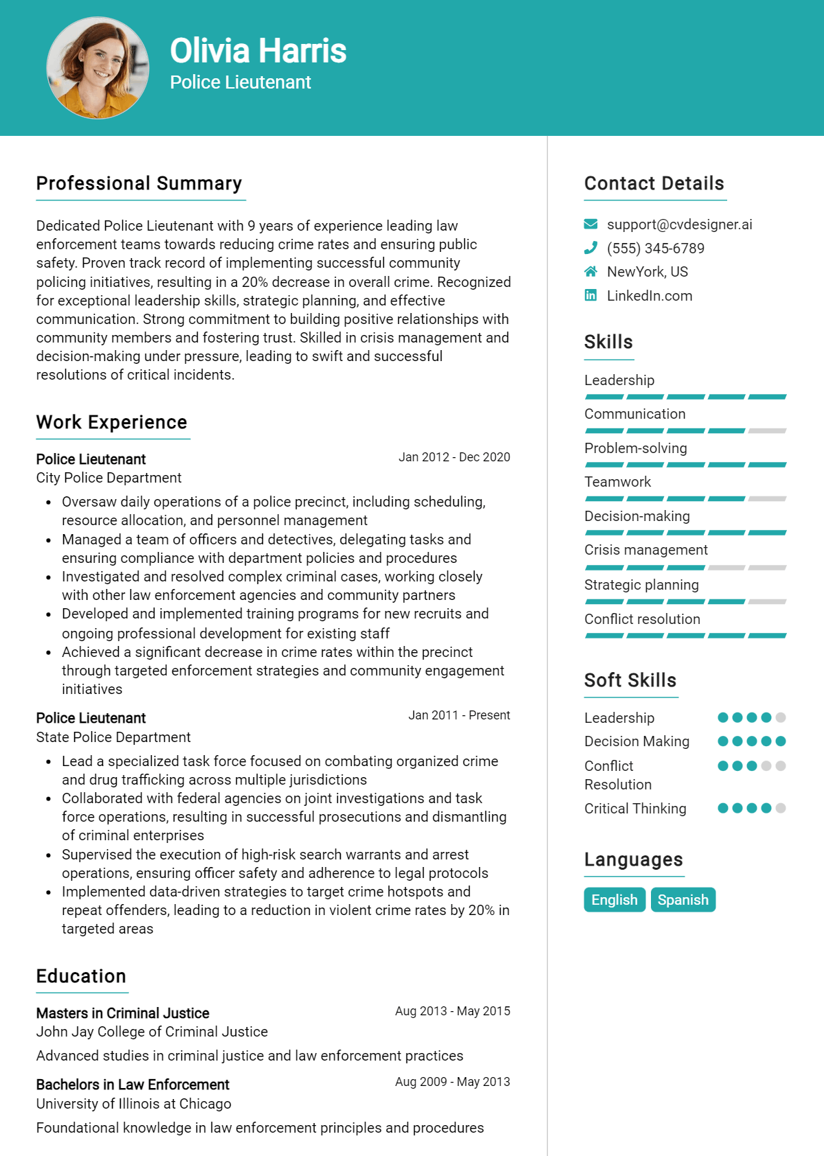 Police Lieutenant Resume Example for 2024: Free Guide - CVDesigner.ai