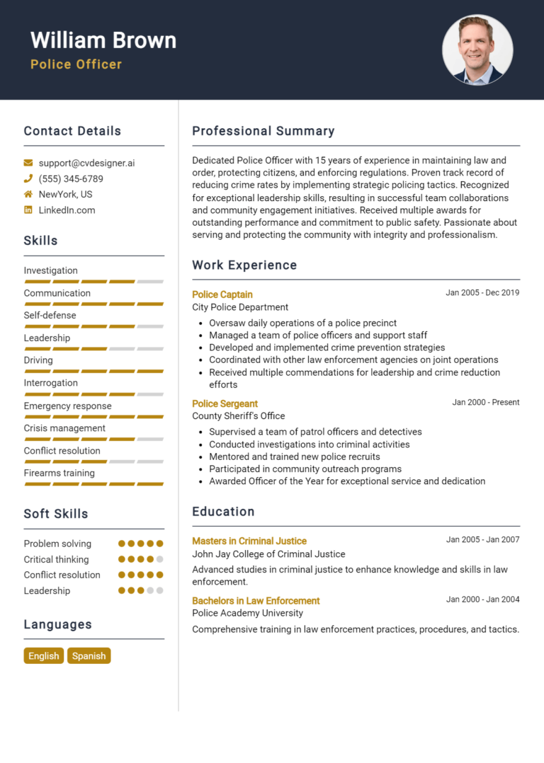 Police Officer Resume Example for 2024: Resume Guide - CVDesigner.ai