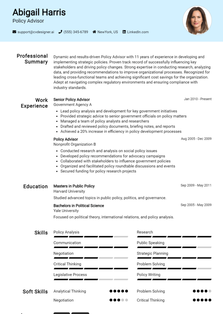 Policy Advisor Resume Example for 2024: Top CV Skills - CVDesigner.ai