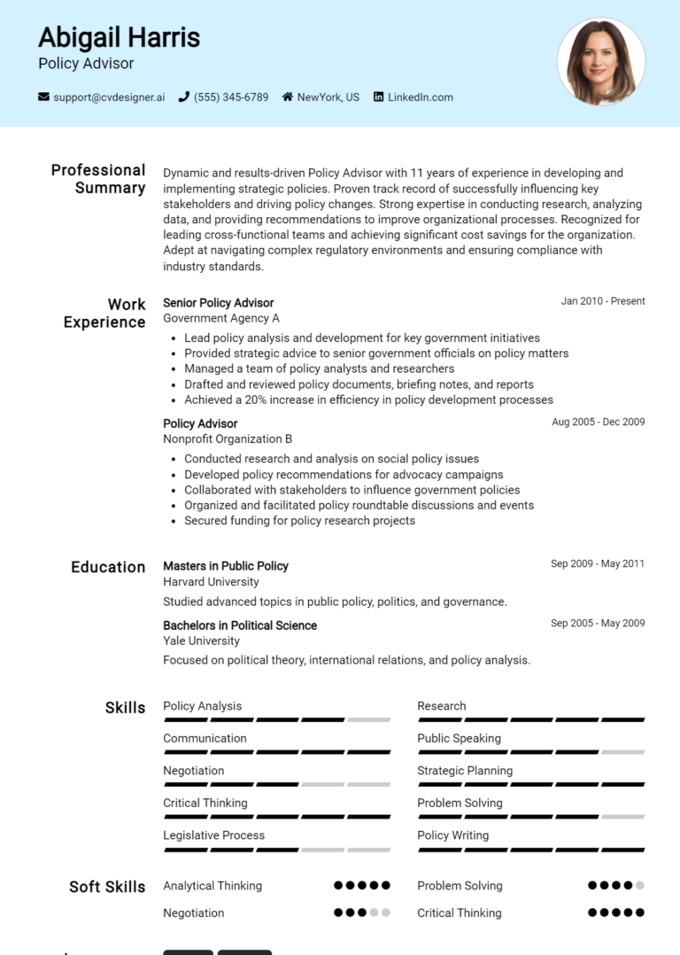 Policy Advisor Resume Example for 2025: Top CV Skills