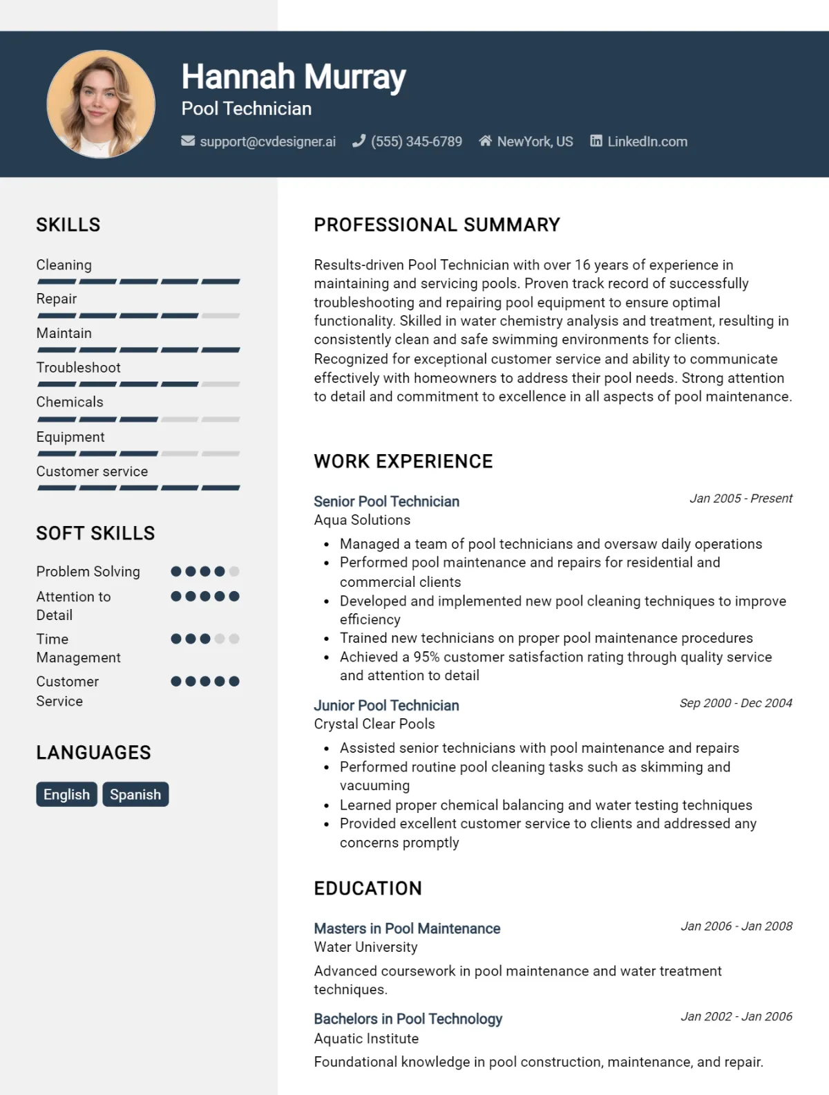 Pool Technician CV Example For 2024: Best Tips & Templates - CVDesigner.ai