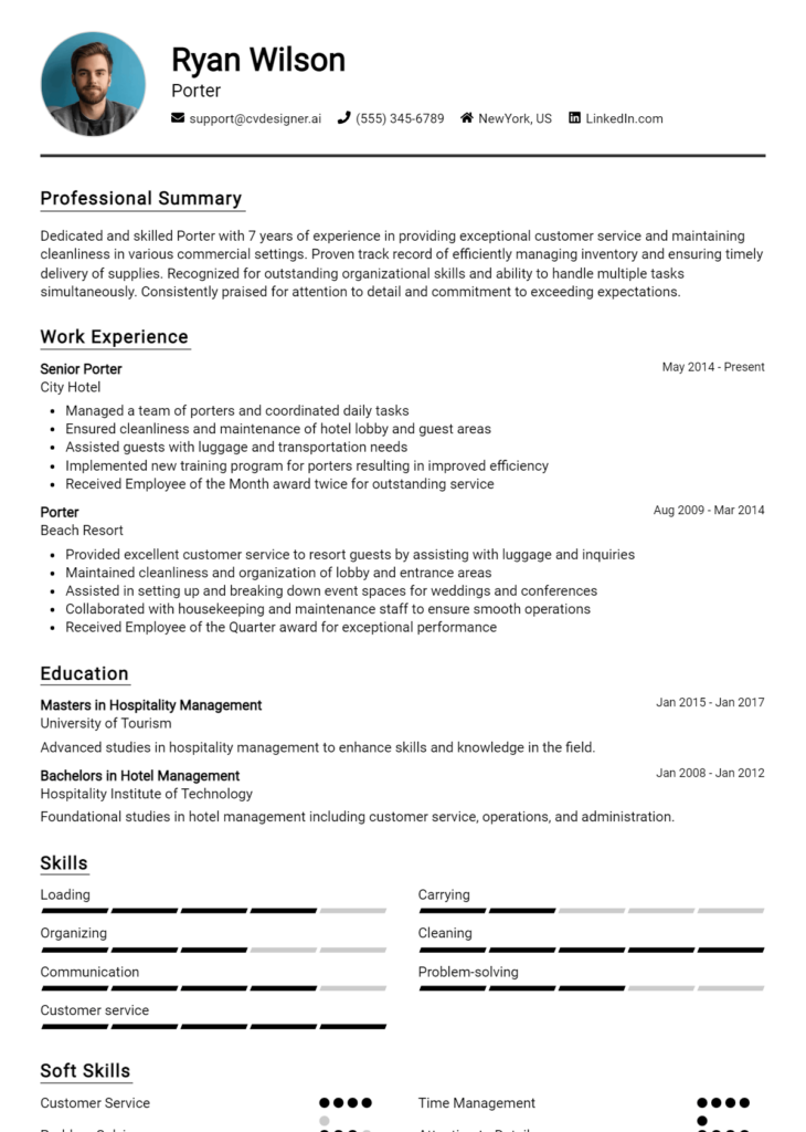Porter Resume Example for 2024 - Porter Resume Example 730x1024