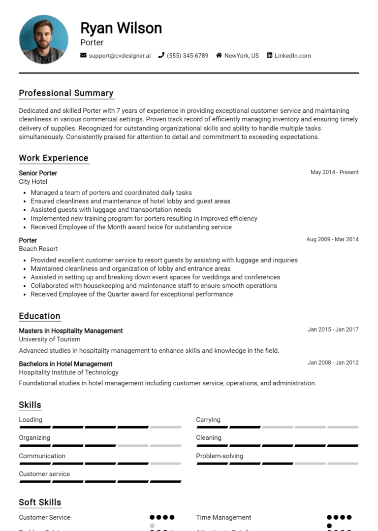 Porter Resume Example for 2025: Professional CV Templates