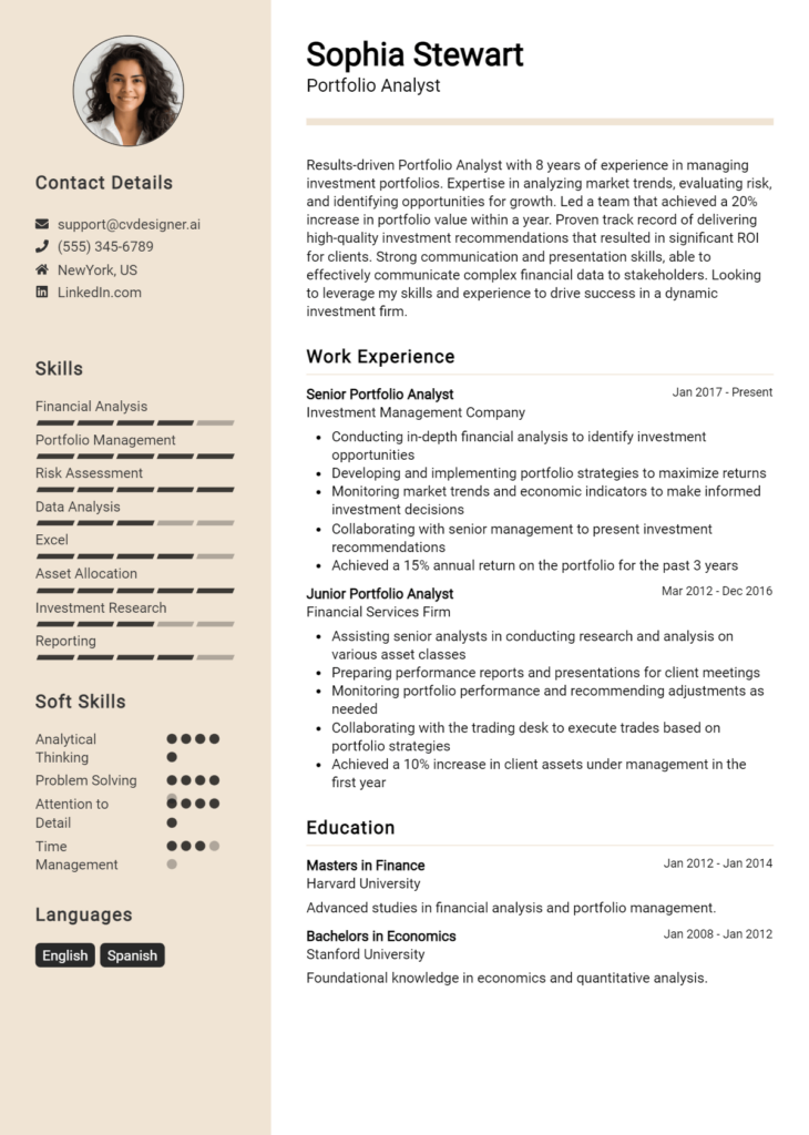 Portfolio Analyst Resume Example