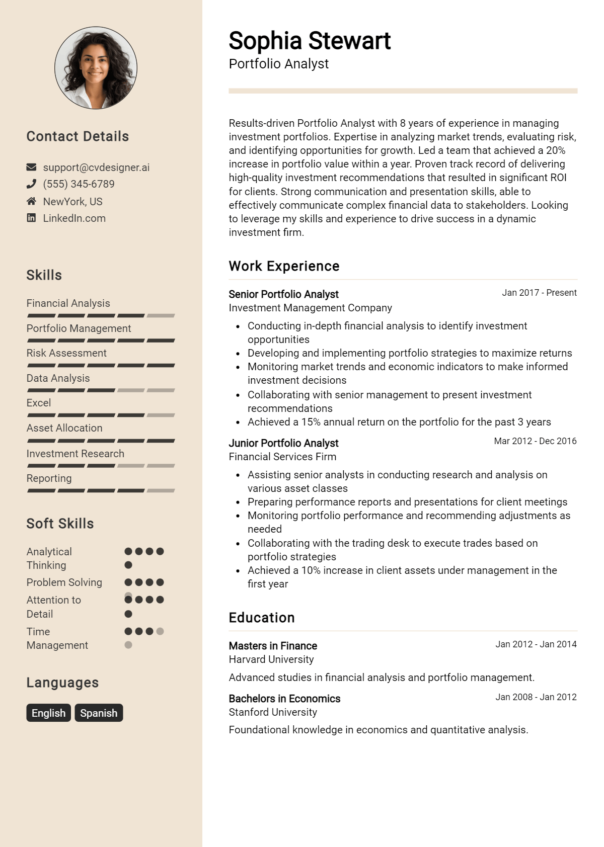 Portfolio Analyst Resume Example