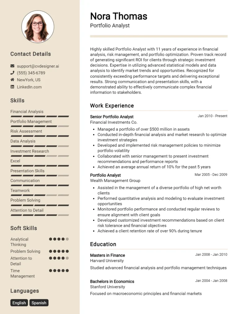 Portfolio Analyst CV Example For 2025: Strategies & Templates