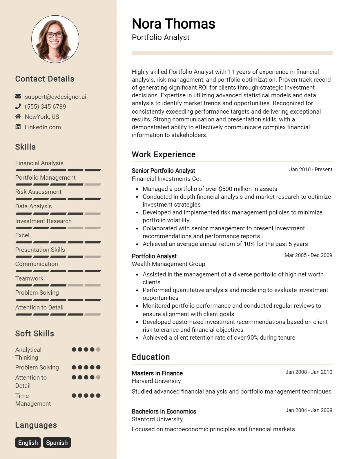 Portfolio Analyst CV Example