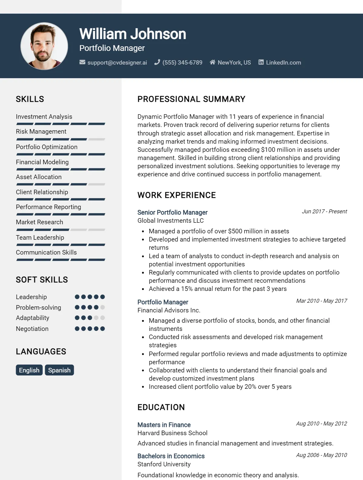Portfolio Manager CV Example