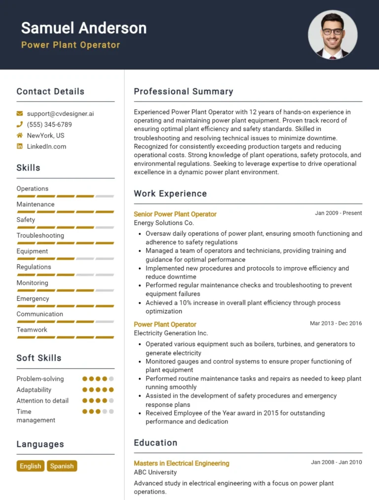 Power Plant Operator CV Example For 2025: Top Tips & Samples