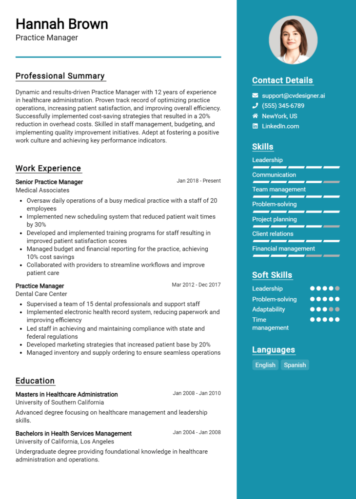 Practice Manager Resume Example for 2024: Expert Tips - CVDesigner.ai