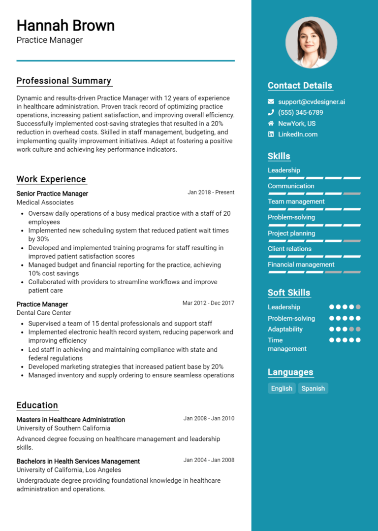 Practice Manager Resume Example for 2025: Expert Tips