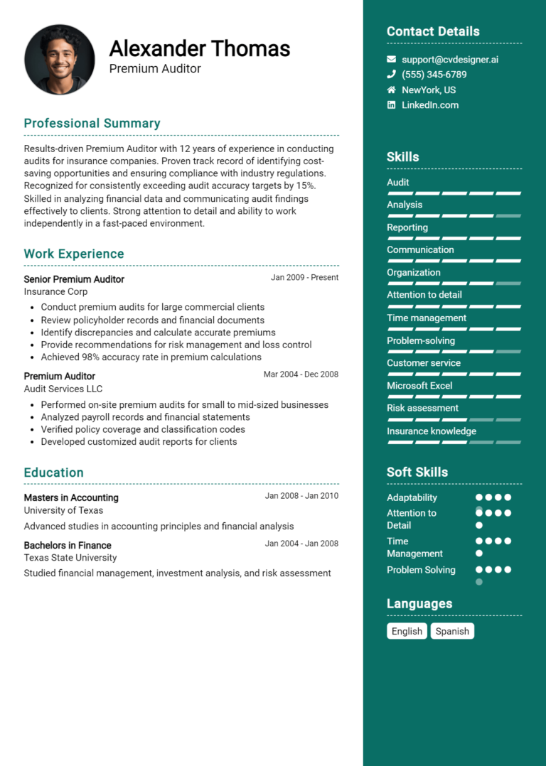 Premium Auditor Resume Example for 2025: Samples & Best Practices