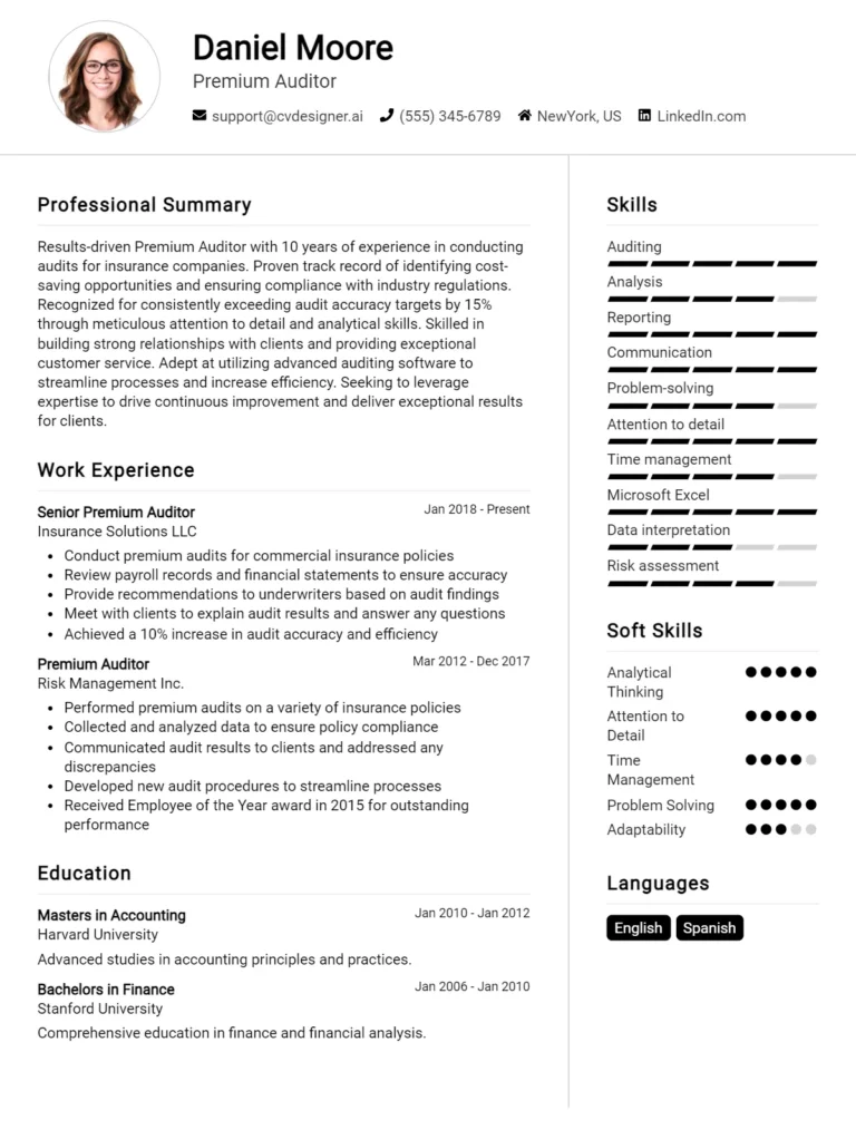 Premium Auditor CV Example For 2025: Free Downloadable Templates