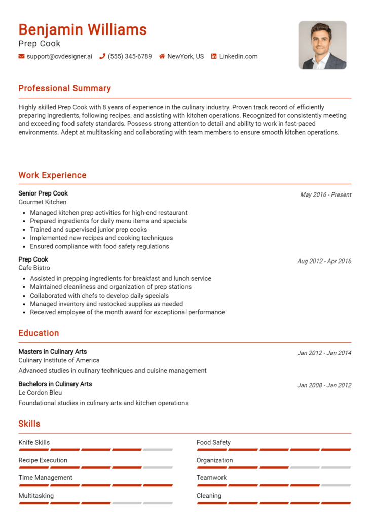 Prep Cook Resume Example for 2024: Tips & Templates - CVDesigner.ai