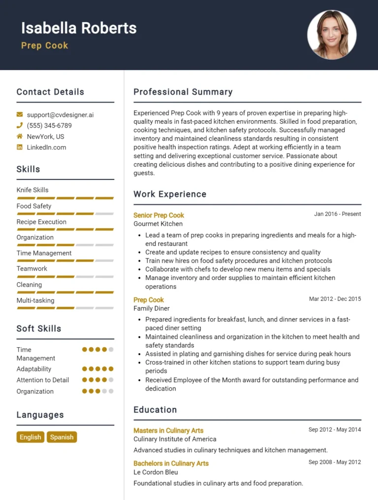 Prep Cook CV Example For 2025: Professional CV Templates