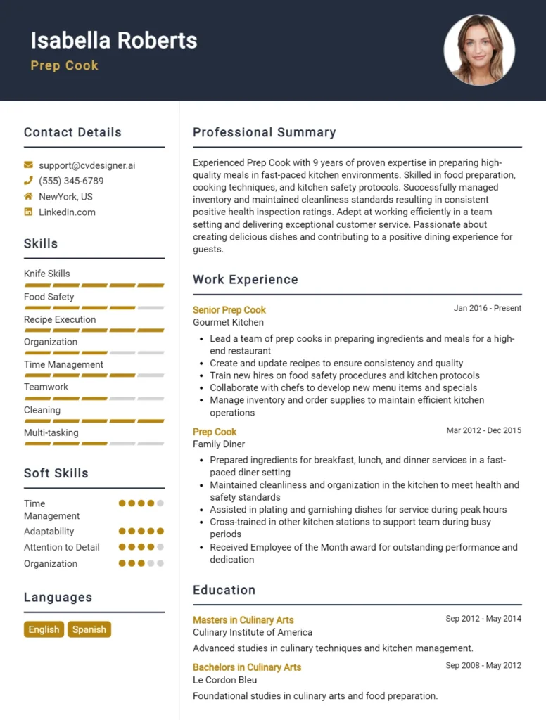 Prep Cook CV Example