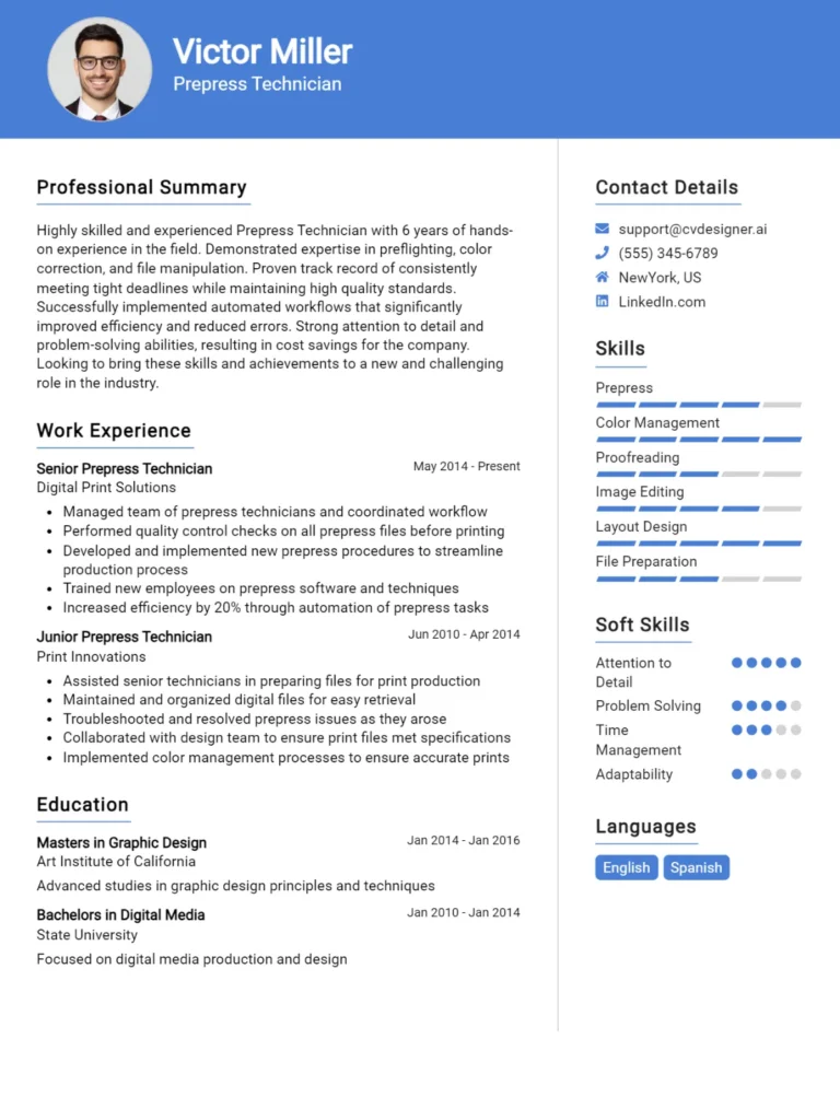 Prepress Technician CV Example For 2025: How to Create a Professional CV