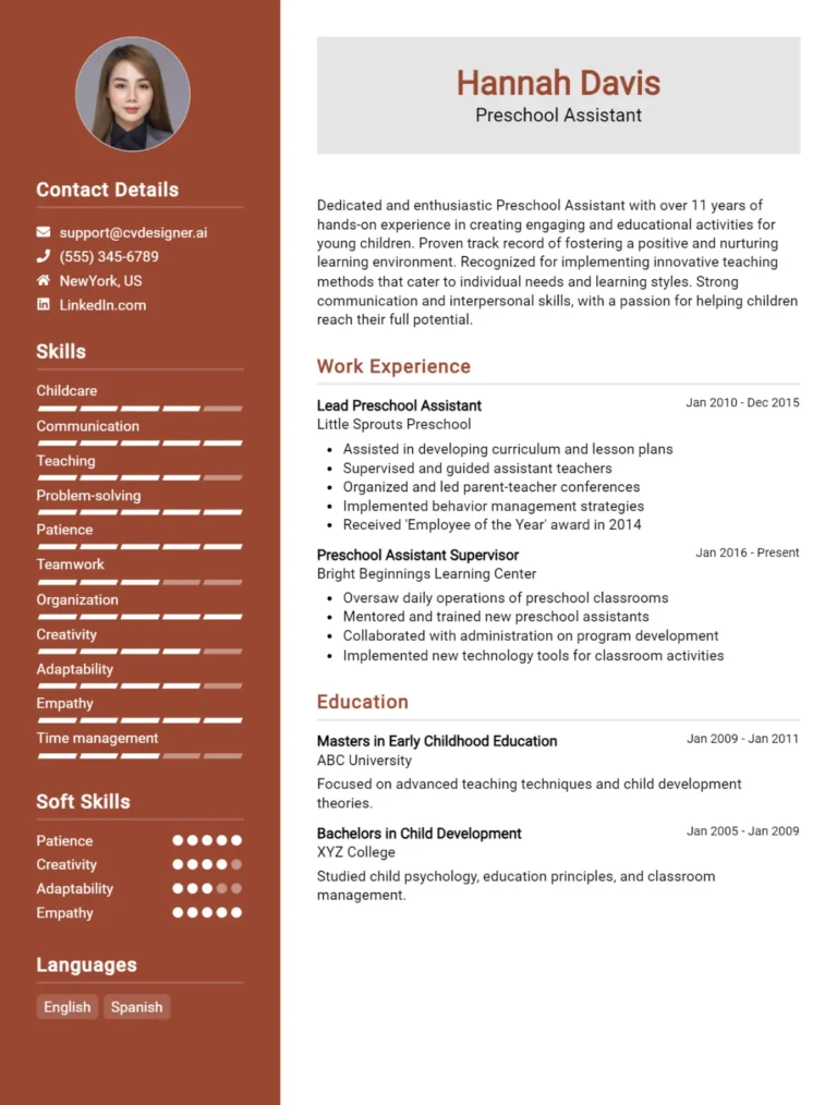 Preschool Assistant CV Example For 2025: Free Downloadable Templates