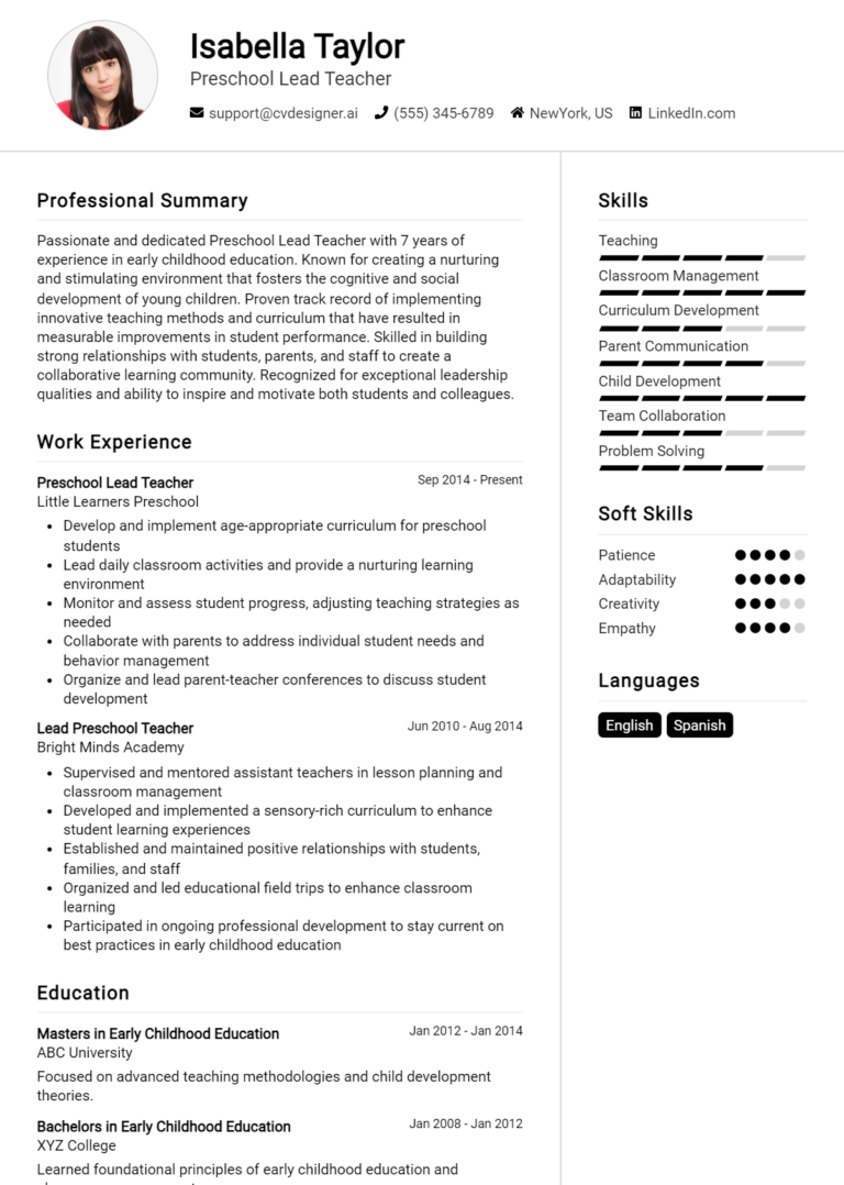 Preschool Lead Teacher Resume Example for 2025: Resume Guide