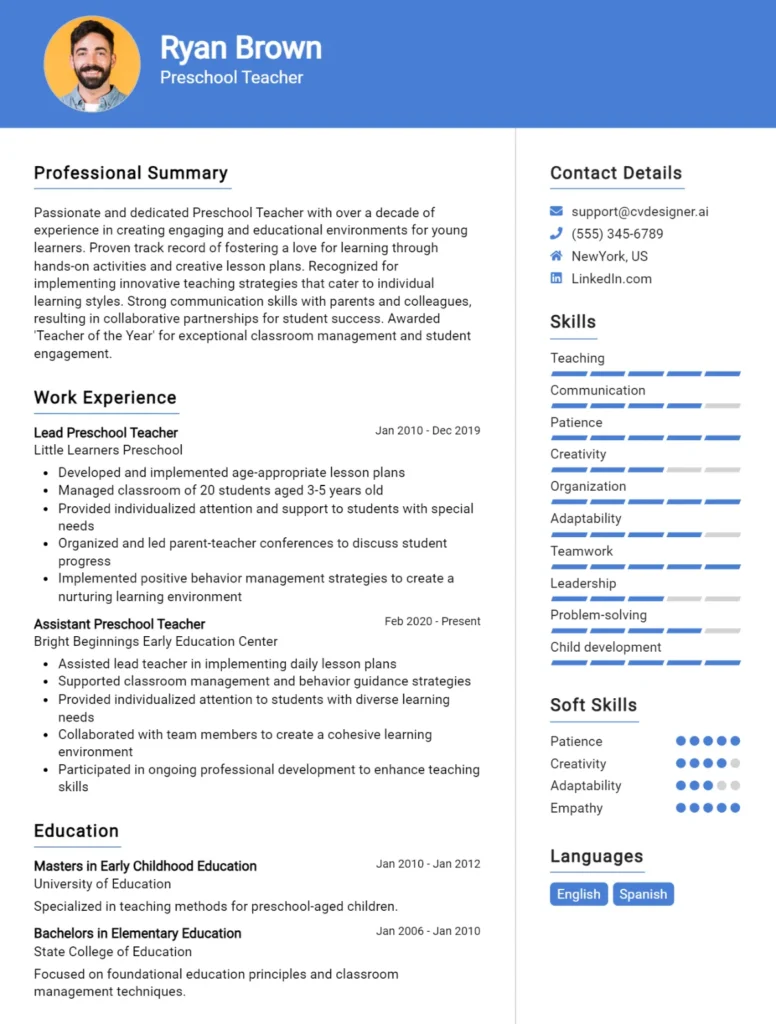 Preschool Teacher CV Example