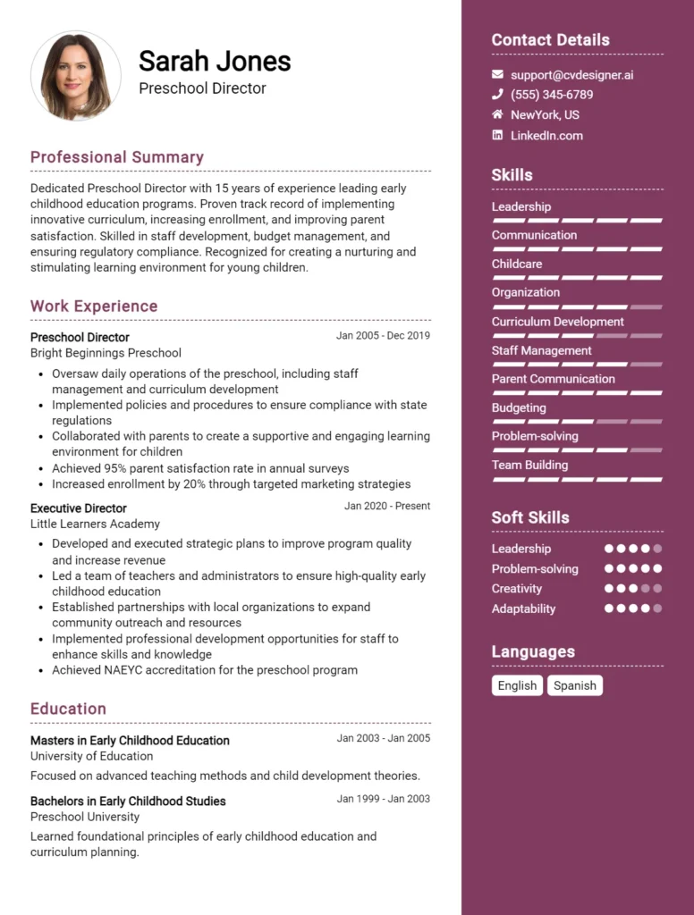 Preschool Director CV Example