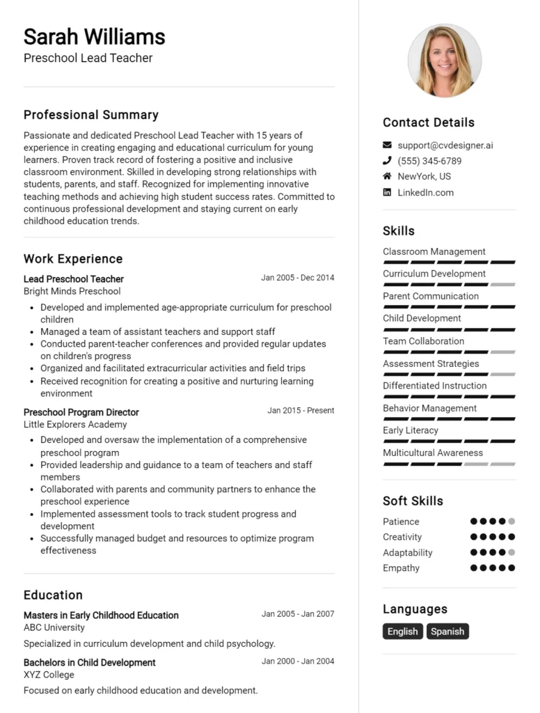 Preschool Lead Teacher CV Example